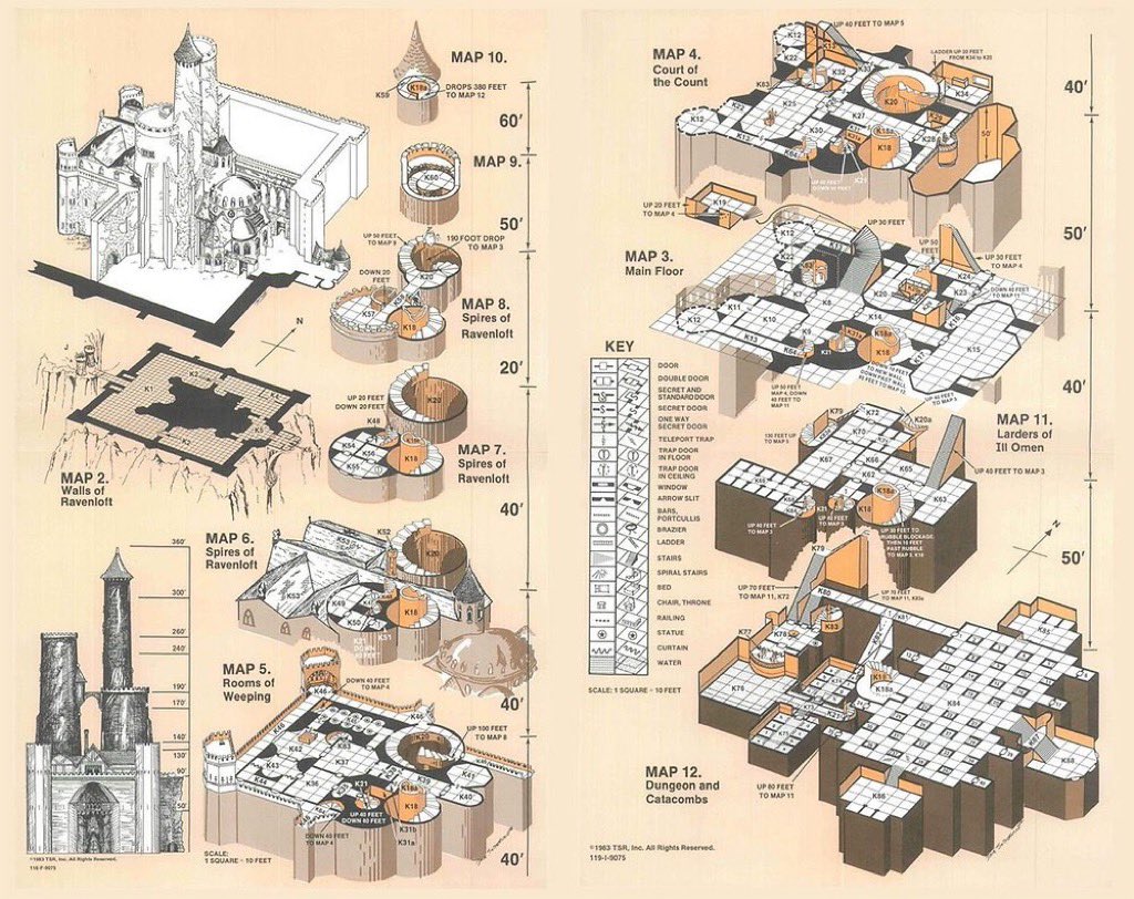 We all know that Elmore, Caldwell, Easley, and Parkinson ruled the D&amp;D fantasy art canvases.

But them maps? David C. Sutherland III’s hand drawn isometric ones for Strahd’s castle in I6 Ravenloft are legendary.

The first time I saw these I was thunderstruck!

#DnD