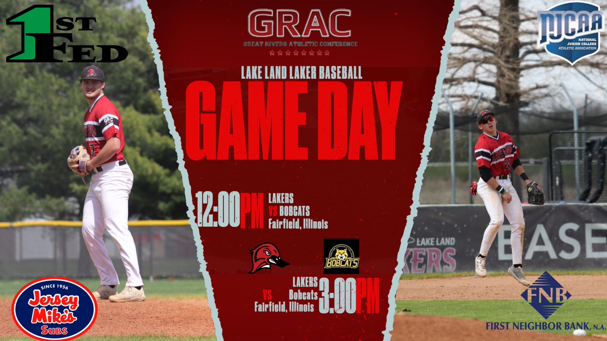 Lake Land Baseball (@llc_baseball) on Twitter photo It's GAME DAY FOR THE LAKERS!
We head to Fairfield, Illinois for games 2 and 3 of this <a href="/gracsports/">GRACsports</a> series vs Frontier CC.
1st Pitch is at 12:00PM
<a href="/LLCAthletics/">Lake Land Athletics</a> <a href="/The_Noah_Sharp/">Noah Sharp</a> <a href="/_TheJBB/">The JBB</a> <a href="/2YearBaseball/">2-Year Baseball</a> <a href="/J3Training/">J3 Training Academy</a> <a href="/CoachKsAcademy/">CoachKsAcademy</a>
#LakerUp #L4L It's GAME DAY FOR THE LAKERS!
We head to Fairfield, Illinois for games 2 and 3 of this <a href="/gracsports/">GRACsports</a> series vs Frontier CC.
1st Pitch is at 12:00PM
<a href="/LLCAthletics/">Lake Land Athletics</a> <a href="/The_Noah_Sharp/">Noah Sharp</a> <a href="/_TheJBB/">The JBB</a> <a href="/2YearBaseball/">2-Year Baseball</a> <a href="/J3Training/">J3 Training Academy</a> <a href="/CoachKsAcademy/">CoachKsAcademy</a>
#LakerUp #L4L