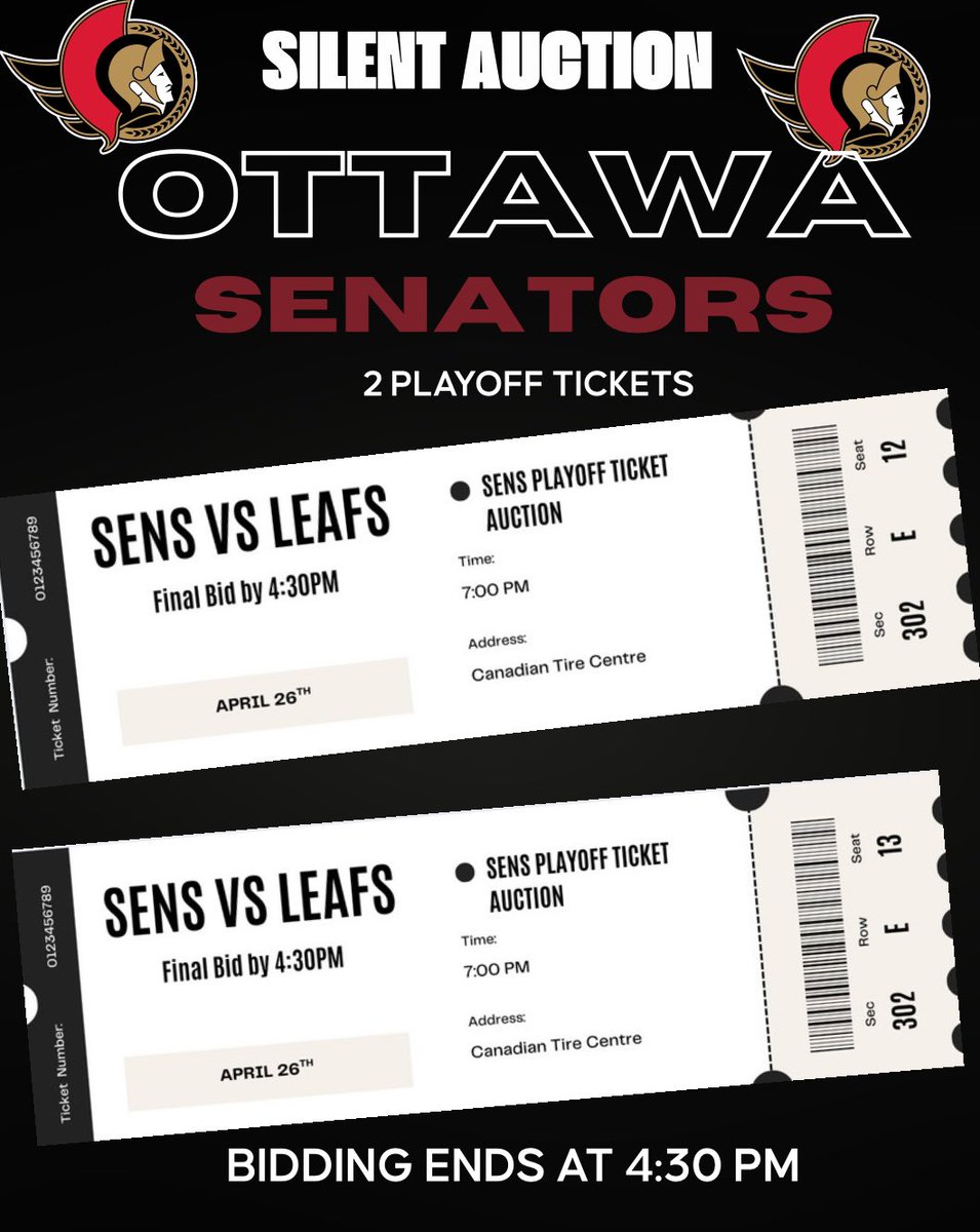 🥅 🏒 OTTAWA SENATORS PLAYOFF AUCTION 🏒🥅

Sec 302 
Row E 
Seats 12 &amp; 13.

⏰ Final bid by 4:30 

🎟️ Tickets will be emailed to the highest bidder 

⚡️Thank you for supporting Dukes, Ottawa Lightning Hockey Team 

🔴⚪️⚫️GO SENS GO 🔴⚪️⚫️
