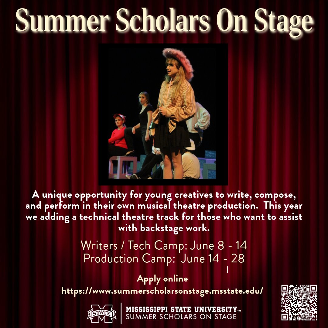 Interested in Theatre?  What is better than a 2-3 week summer theatre camp where you write, compose and produce a 3-act musical production.  Students in grades 7-12 can participate. Camp is June 8-28, 2025 at Mississippi State.