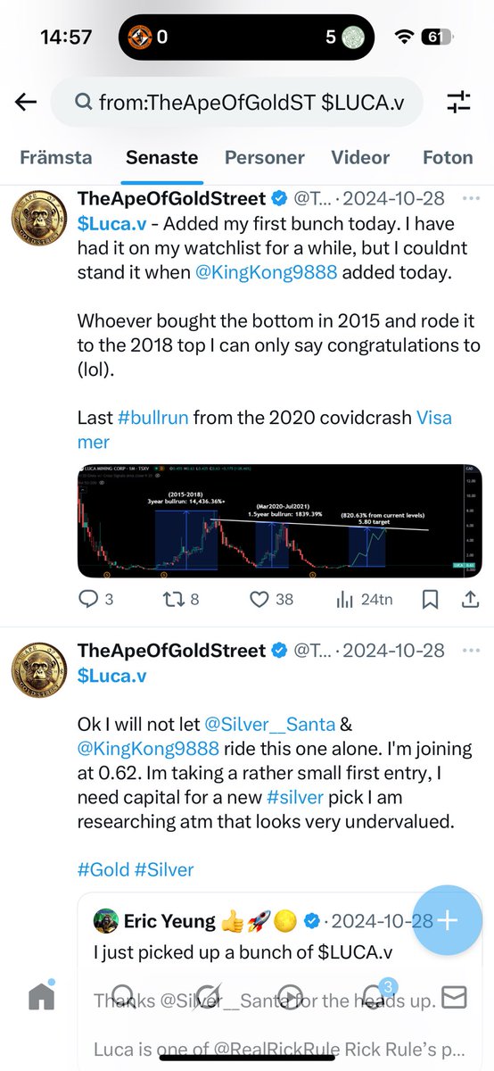 TheApeOfGoldST's tweet photo. $LUCA.v - Luca Mining

Given to you 150%+ ago.
0.62 to 1.58 in 6months. Still a lot of upside ahead IMO.  

I couldn’t ignore the story after @Silver__Santa @AllStreetsWolf @KingKong9888 @JulesInvest was snatching shares left and right in this money printing machine. (yea Wolf was first of us all ofcourse) 

That’s what we do, we recognize good companies when they arise. 

Anyone “guru” that keeps promoting the same old crap no matter priceaction/performance or what’s happening in the sector regarding new diamonds (like LUCA) rising, is just a paid hustler. When a good story comes along you have to jump onboard and LUCA was a no brainer.

Building a portfolio and staying locked into the same stocks no matter what, without adjusting for drilling results, company performance, or recognizing new high-potential players you should be investing in is an expensive mistake.

You need flexibility in this sector, otherwise you’ll end up suffering.

I’ve left so many stocks during the last 24 months. And I’m always open to rotate capital into whatever I believe in. I’m aswell open to leave stocks I believe in if they are not performing. 

The only stocks I refuse to leave even though silver jrs is till underperforming are $DEF.v $AAG.v $EQTY.v because I “know “ they will be among the top10 best performance in the sector when #Silver finally runs. (It’s coming this year I’m sure)

Until then I try to have good positions in $HSTR.v $LUCA.v $CERT.v $ITR.v as these quality jr producers is printing money both for themself, and for me as a shareholder thanks to ripping +150-300% the last 12 months on rising #Gold price combined with actual deliverance from them. 

I will keep trimming profits after good runs on them and I will keep re-invest that capital into the best #Silver #bullrunners on weakness.

On a side note I have the must own plays in $RDG.v and $MMA.v .. they will grow, just wait and see. 

$RDU.v is another ignored good case, I’ve been having stink bids all week at 0.105 but they refuse to fill me. I’m playing a permit NR and expecting their Tierra Roja project to create very surprising upside as soon as they can start drill it asap after permits is in place. R/R down here will most likely give us a fast value-booster all of a sudden imo. Atleast I’m betting on it. Don’t ignore the gold they already have proven 😜

For fun I have $ASHL.cn - Nanopick at $2m that currently seems to swing 50% up and down. I think it should be worth 3-4X current Mcap just by watching their neighbours recent news, they hitting discoveries left and right in that area.

Long journey ahead, but this can be a very fun run up story if the company can deliver and prove their assets sits on the goods. (@AshleyGoldCorp are you sitting on the goods? 🫣)

#Gold #Silver #Copper