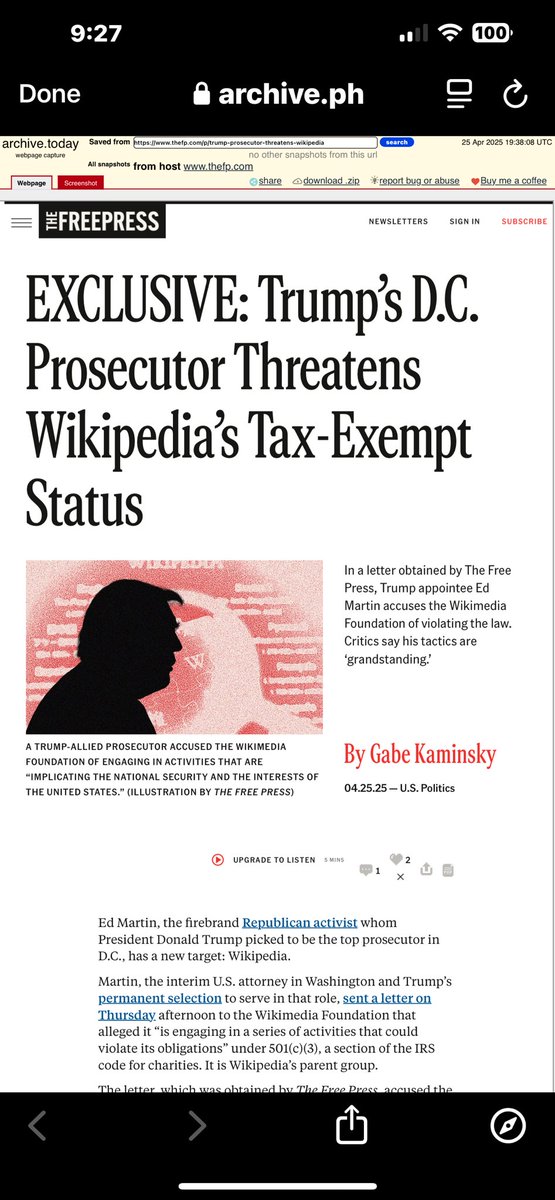 ryangrim's tweet image. Bari Weiss’ “The Free Press” is teaming up with Trump’s DC prosecutor to go after Wikipedia’s nonprofit status to pressure it to be more pro-Israel. 

Bari could not have chosen a more Orwellian term for her authoritarian news outlet taking a wrecking ball to Western institutions