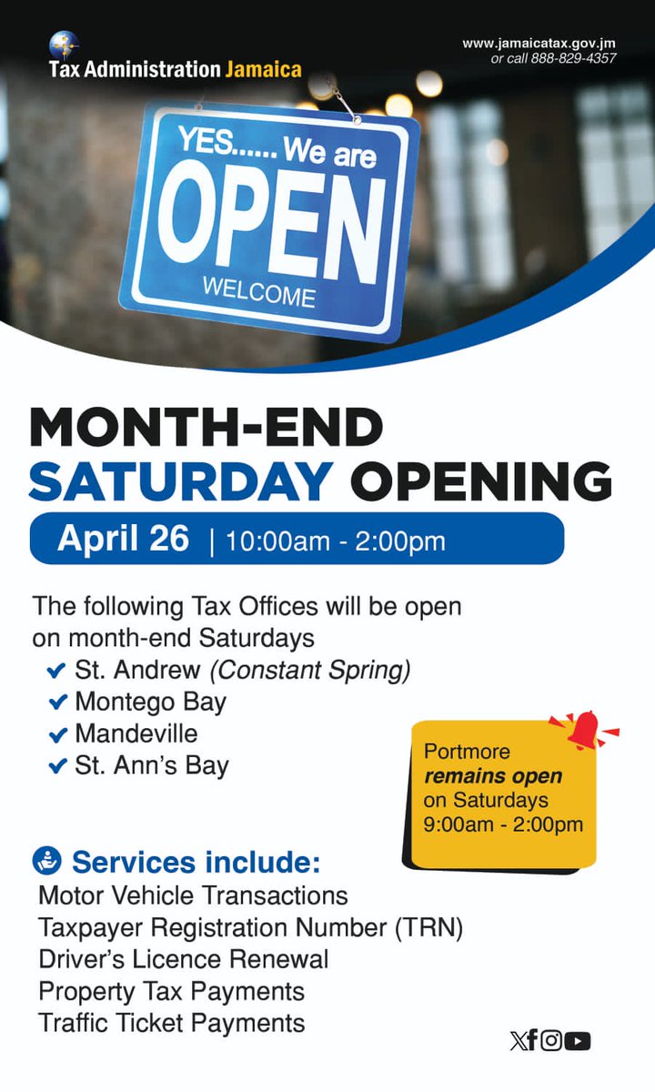 JamaicaTax (@jamaicatax) on Twitter photo TODAY SATURDAY! Do regular tax biz at select #TaxOffices (10am - 2pm) - C/Spring, Mandeville, St. Ann's Bay, Mobay (9am - 2pm) - P.more . All services except Audit & Compliance. <a href="/IRIEFM_NEWS/">Irie FM News Dept.</a> <a href="/SunCity104_9FM/">suncity104_9fm</a> <a href="/MELLOFM_88/">MELLO FM</a> <a href="/patrioticjam/">Kerry-Ann Morgan</a> <a href="/Our_Today_News/">OUR TODAY</a> @Petchary <a href="/Sparkiebaby/">Zj Sparks 🇯🇲 🕉 OUT NOW Island Waves - Vol 2</a> TODAY SATURDAY! Do regular tax biz at select #TaxOffices (10am - 2pm) - C/Spring, Mandeville, St. Ann's Bay, Mobay (9am - 2pm) - P.more . All services except Audit & Compliance. <a href="/IRIEFM_NEWS/">Irie FM News Dept.</a> <a href="/SunCity104_9FM/">suncity104_9fm</a> <a href="/MELLOFM_88/">MELLO FM</a> <a href="/patrioticjam/">Kerry-Ann Morgan</a> <a href="/Our_Today_News/">OUR TODAY</a> @Petchary <a href="/Sparkiebaby/">Zj Sparks 🇯🇲 🕉 OUT NOW Island Waves - Vol 2</a>