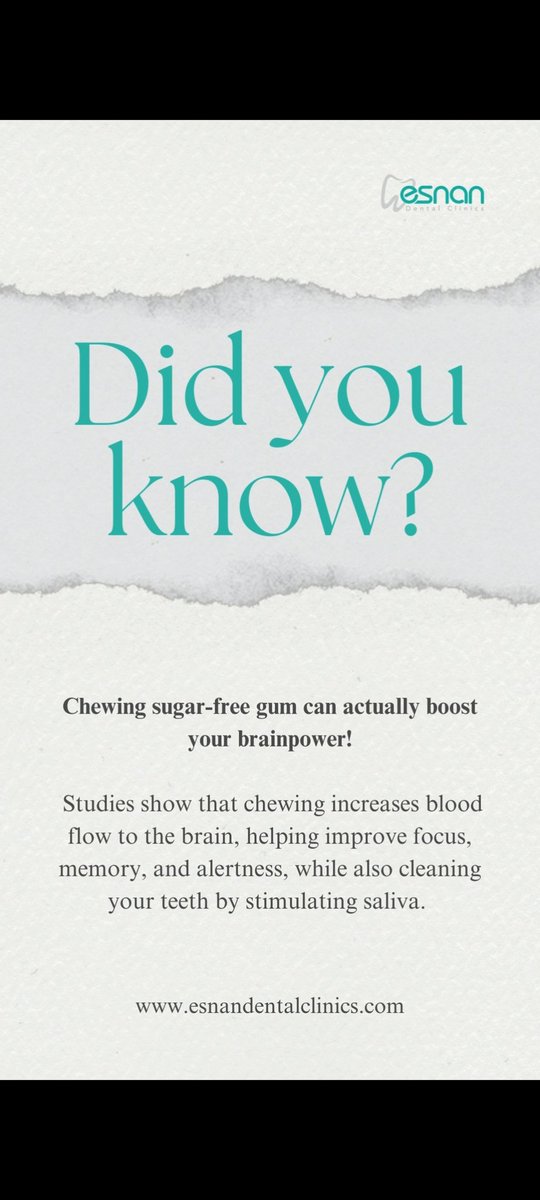 esnanclinics's tweet image. Did you know that chewing sugar-free gum can actually help boost your brainpower?
It’s like a tiny workout for your mouth and mind!

#gummysmile #deepbite

esnandentalclinics.com