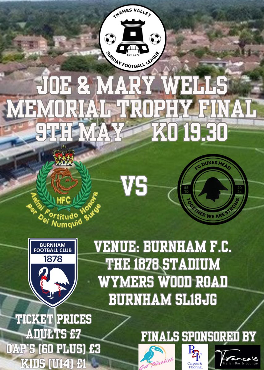 Delighted to announce that The Joe &amp; Mary Wells Trophy Final between <a href="/Hedgerleyfc/">Hedgerley</a> &amp; <a href="/fcdukeshead/">FC Dukes Head</a> will take place <a href="/BurnhamFC1878/">Burnham Football Club</a> on the 9th May.   Promises to be a great game.  Match sponsored by <a href="/Gettravelish/">Get Travelish</a> <a href="/RdfCarpets/">RDF Carpets & Flooring Ltd</a> &amp; Francos.  <a href="/fiberkshire/">Football in Berkshire</a> <a href="/sloughobserver/">Slough Observer</a> <a href="/MaidenheadAds/">MaidenheadAdvertiser</a>