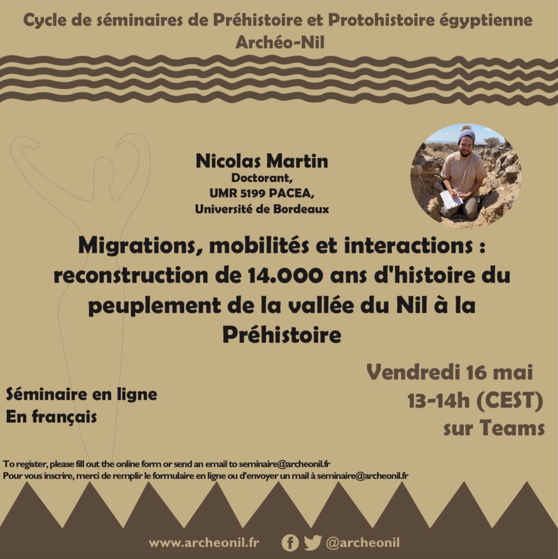 ArcheoNil's tweet image. 📆 Notre prochain séminaire Archéo-Nil aura lieu en ligne, en français, le vendredi 16 mai à 13h ! Nous accueillerons Nicolas Martin.
📝 Inscrivez-vous avec le formulaire (forms.gle/aYuwrB1i6sg6Nn…) ou en envoyant un mail à seminaire@archeonil.fr.