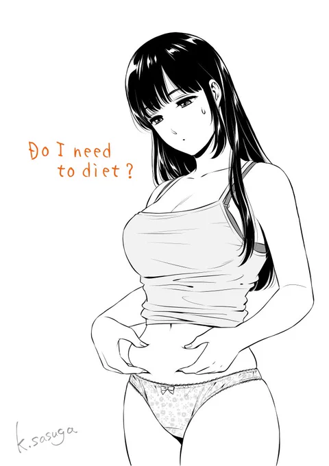 ふと思い立って
お風呂入る前に体重計に乗りつつダイエットすべきか一考する陽菜のらくがき✏️

陽菜は体型的に下半身太りやすそうですからね〜
#ドメスティックな彼女 