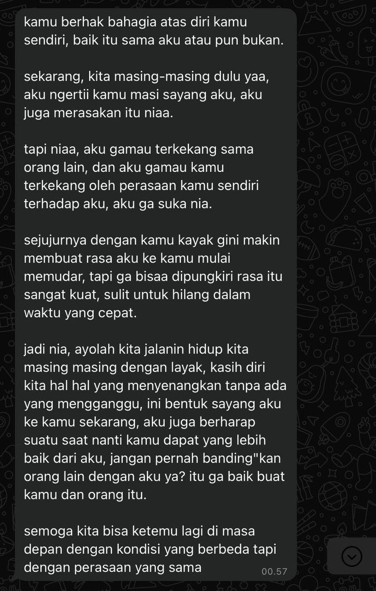 ((putus karna keadaan))
🙎‍♀️: aku mau nunggu kmu, tp nnti kita pcaran lg klo kita udh sm” di restui
🙎 : dan doi jawab yg dibawah

menurut klian doi emg gmau nanti di masa yg akan dtg ngajak pacaran lagi yaa?? dari jwaban dia di bawah