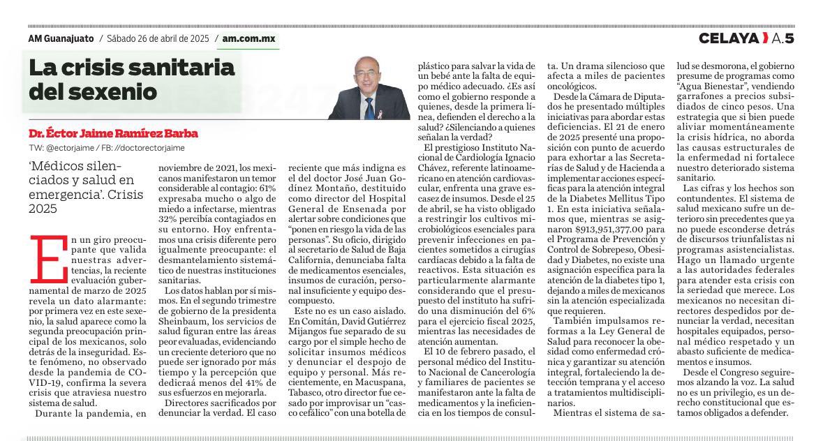 La salud es ya la segunda preocupación nacional. ¿Por qué se despide a médicos que denuncian carencias en hospitales? ¿Dónde están los insumos y medicamentos? 

Lee nuestra columna y únete al llamado urgente por un sistema sanitario digno. 👉 🔗 ectorjaime.mx/blog/periodico…

🔗