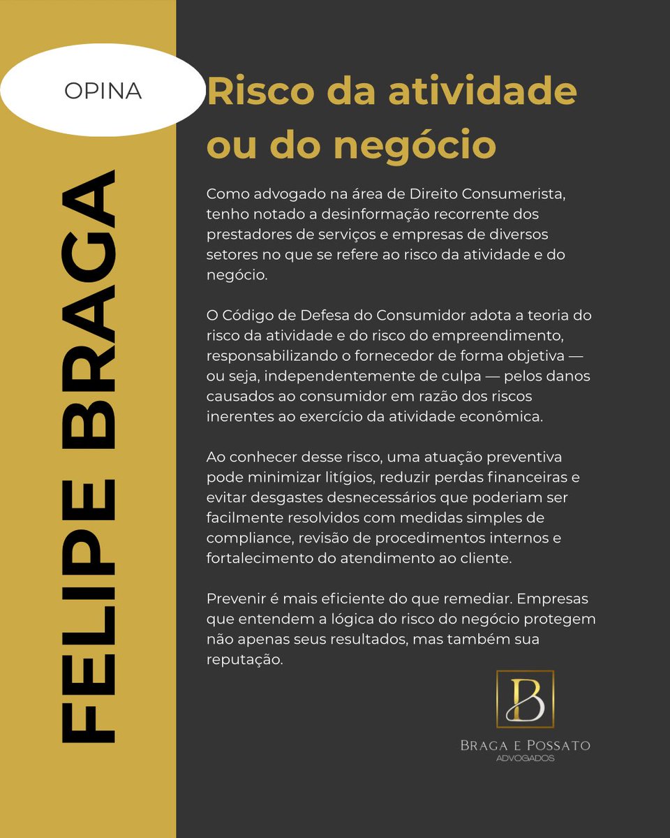 felipebragaadv's tweet image. O risco da atividade ou do negócio impõe responsabilidade objetiva a profissionais e empresas.
Prevenir é proteger seu patrimônio e a confiança dos seus clientes.
#DireitoEmpresarial #DireitoDoConsumidor #GestãoDeRiscos #Compliance