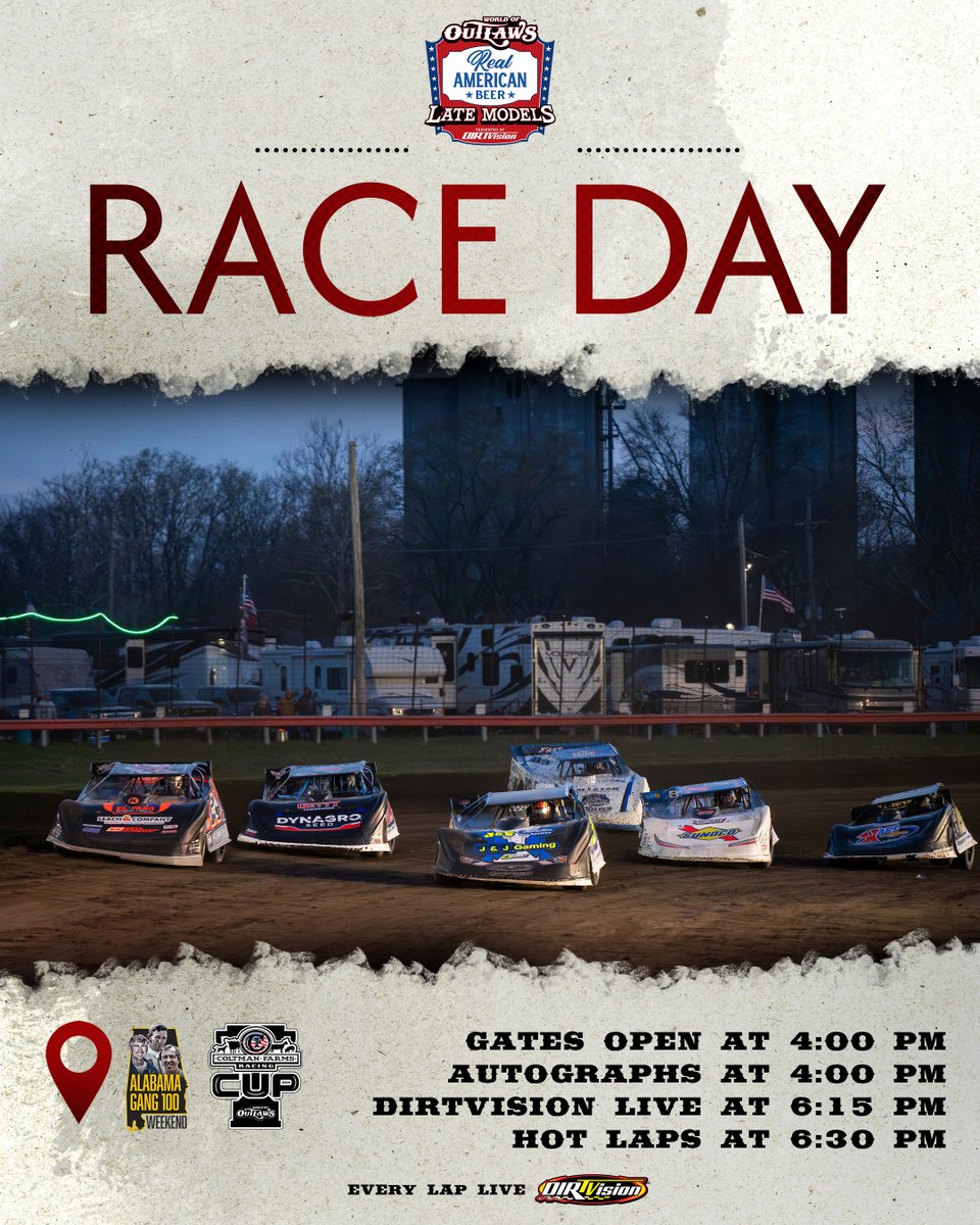 Let's try this again:

It's Race Day in Dega with $5️⃣0️⃣,0️⃣0️⃣0️⃣ on the line in the #ALGang100!

📍 <a href="/tsthornetsnest/">TST (Talladega Short Track)</a> 
🎟️ bit.ly/TalladegaTix
📺 <a href="/dirtvision/">DIRTVision</a> at 6:15 CT
