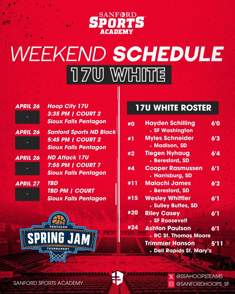 SPENCER CHRISTENSON (@spencer_c3scout) on Twitter photo Check out <a href="/ssahoopsteams/">Sanford Sports Academy Basketball Teams</a> 17U Black +
17U White at the Spring Jam! Iβll be catching them online. Articles next week on <a href="/PrepHoopsDakota/">Prep Hoops Dakotas</a>
<a href="/NateKaeding/">Nate Kaeding</a> <a href="/CoachShort605/">Ben Short</a> Check out <a href="/ssahoopsteams/">Sanford Sports Academy Basketball Teams</a> 17U Black +
17U White at the Spring Jam! Iβll be catching them online. Articles next week on <a href="/PrepHoopsDakota/">Prep Hoops Dakotas</a>
<a href="/NateKaeding/">Nate Kaeding</a> <a href="/CoachShort605/">Ben Short</a>