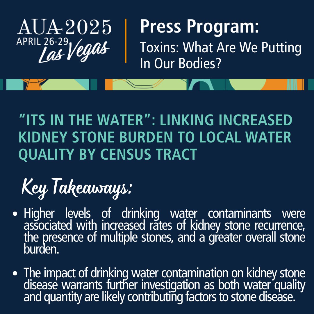 Amer. Urol. Assn. (@amerurological) on Twitter photo Don't miss the Press Program abstract โ'Itโs in the Water': Linking Increased Kidney Stone Burden to Local Water Quality by Census Tract" being presented in the 1 p.m. session today in Marco Polo 701.
Read the <a href="/JUrology/">Journal of Urology</a> article here โก๏ธ bit.ly/4jDVN16
#AUA25 Don't miss the Press Program abstract โ'Itโs in the Water': Linking Increased Kidney Stone Burden to Local Water Quality by Census Tract" being presented in the 1 p.m. session today in Marco Polo 701.
Read the <a href="/JUrology/">Journal of Urology</a> article here โก๏ธ bit.ly/4jDVN16
#AUA25