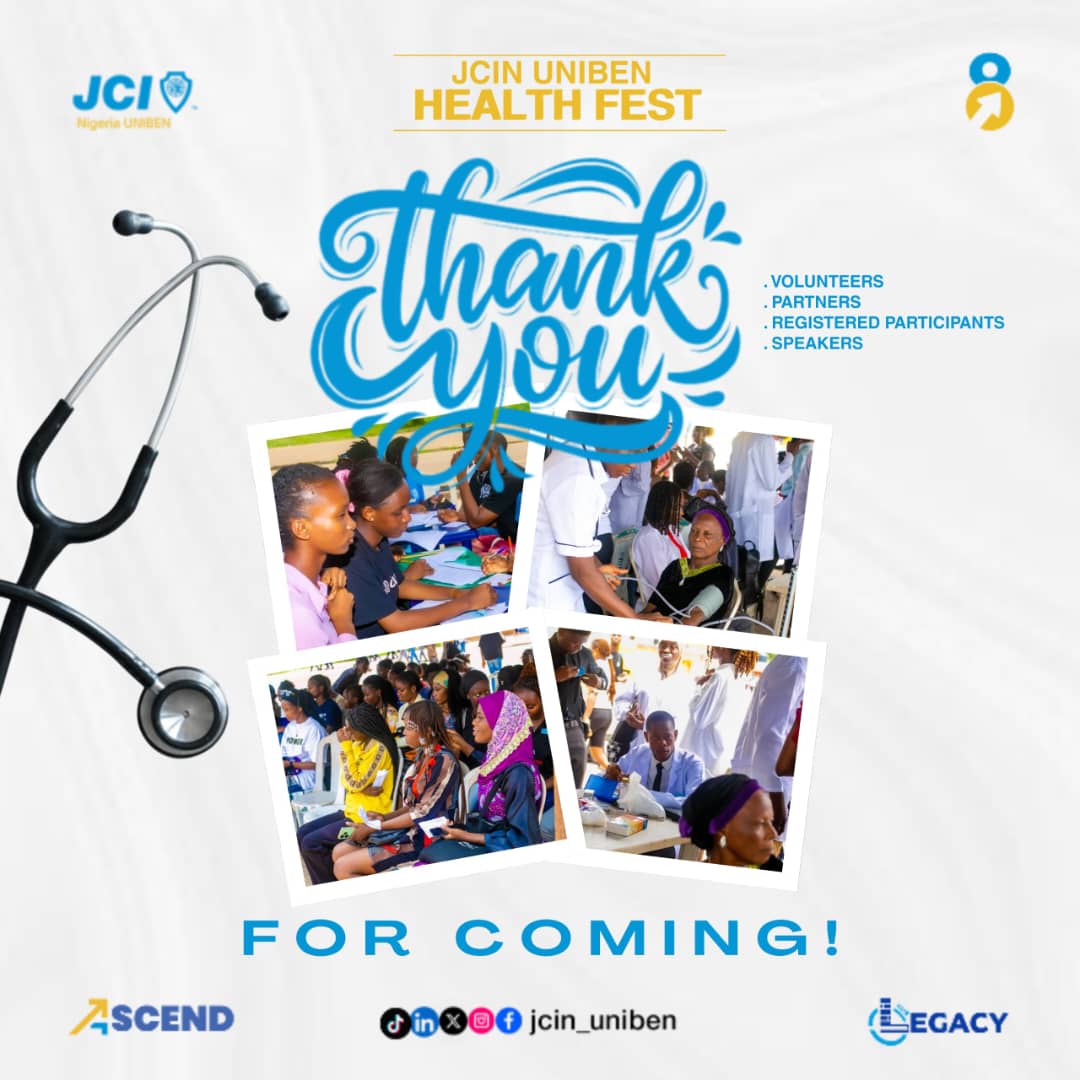 jci_uniben's tweet photo. Thank you for making JCIN UNIBEN HEALTH FEST a huge success!

To our volunteers, partners, participants &amp; speakers — you made it unforgettable.

Let’s keep pushing for better health &amp; well-being!

#HealthFest 
#OURLEGACY
#JCINUNIBEN https://t.co/P0W8KJiqmX