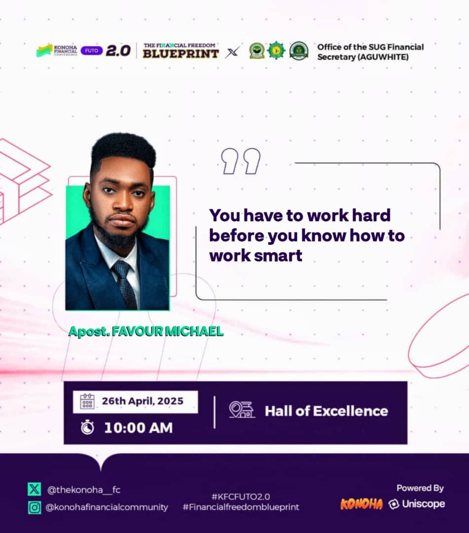 Everyone talks about working smart today... but the real secret is that you must first earn your stripes through hard work!
Success isn’t microwaved — it’s built step by step, with sweat and strategy.

At KFC FUTO 2.0, we’re giving you the tools to grind the right way — and