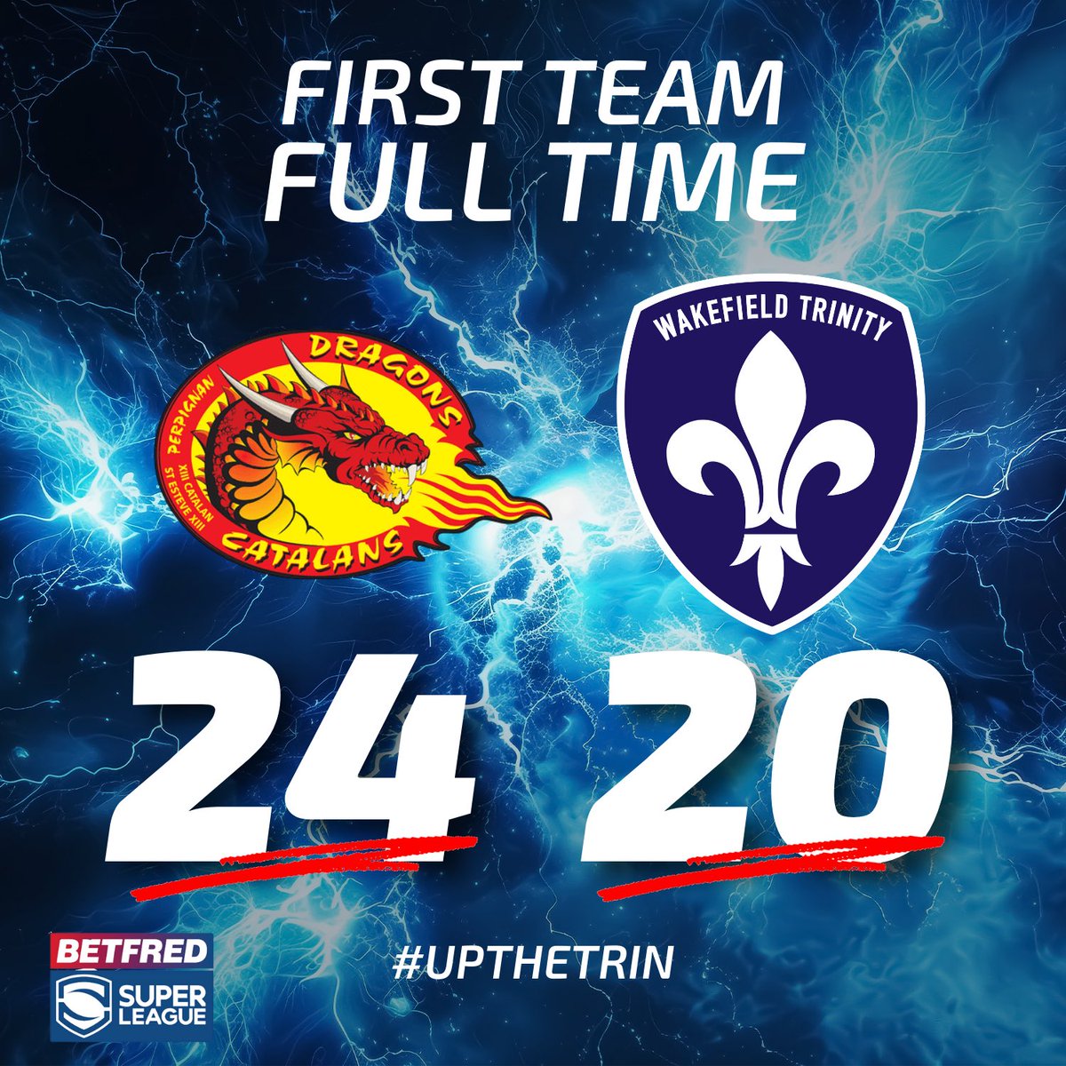 WTrinityRL's tweet photo. FULL TIME: Catalans Dragons 24-20 Wakefield Trinity 

Reimis Smith scores a try in Golden Point to break Trinity hearts. 

#UpTheTrin https://t.co/HDOE3k6ILJ