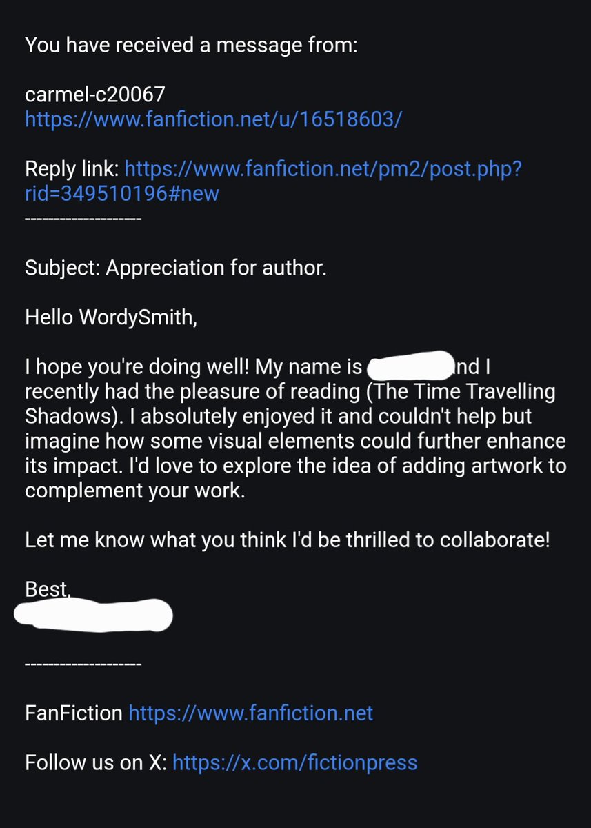 WordySmith101's tweet photo. @FictionPress hey this needs to end. Other than them posting this in reviews now they are spamming our messages. Since when was the site an advertisement site for this sort of thing? https://t.co/RmWKs0937g