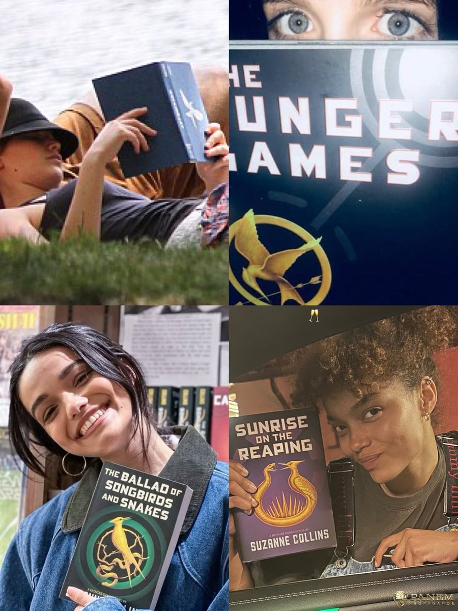 panempropaganda's tweet image. Jennifer Lawrence, McKenna Grace, Rachel Zegler, and Whitney Peak + Hunger Games books