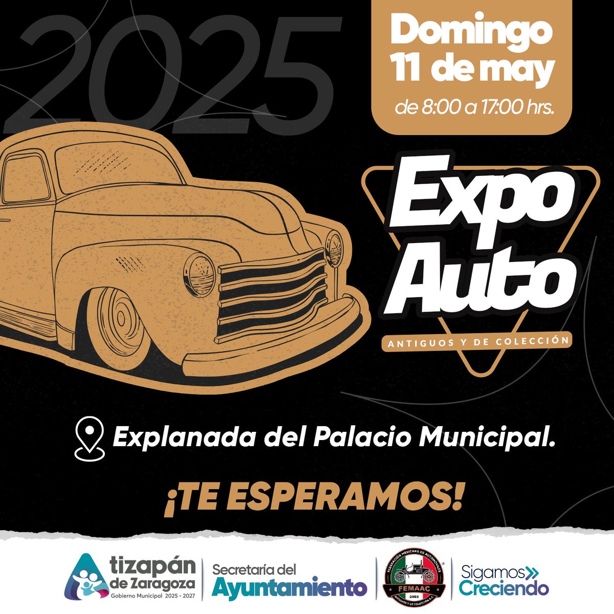 GobAtizapan's tweet photo. Este 11 de mayo vive la #ExpoAuto en la Explanada del Palacio Municipal de #AtizapánDeZaragoza, una exhibición de autos antiguos y de colección que no te puedes perder, te esperamos de 8:00 a 17:00 horas para seguir #SigamosCreciendo https://t.co/tuV39qc7J4