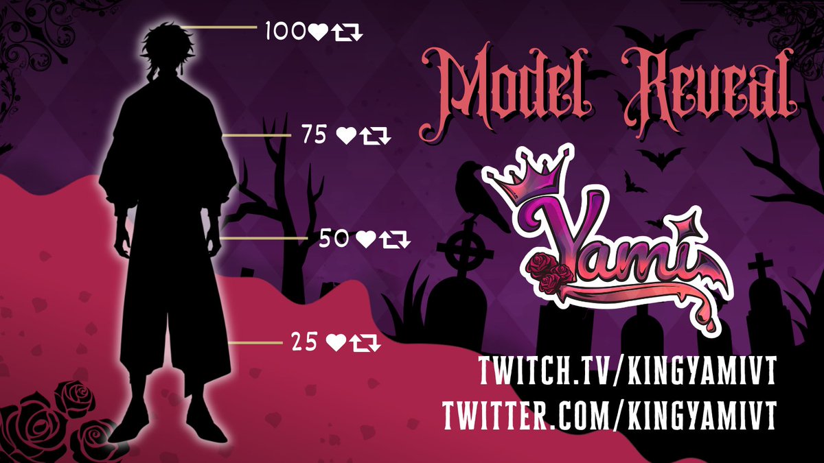 KingYamiVT's tweet photo. Woah! What's this??

That's right! Your favorite Vampire King is officially revealing his new model! 

Let's reveal it together! Your likes and RT's will gradually reveal my new form in all of its glory! 🦇👑 https://t.co/xV2RG0ejFS