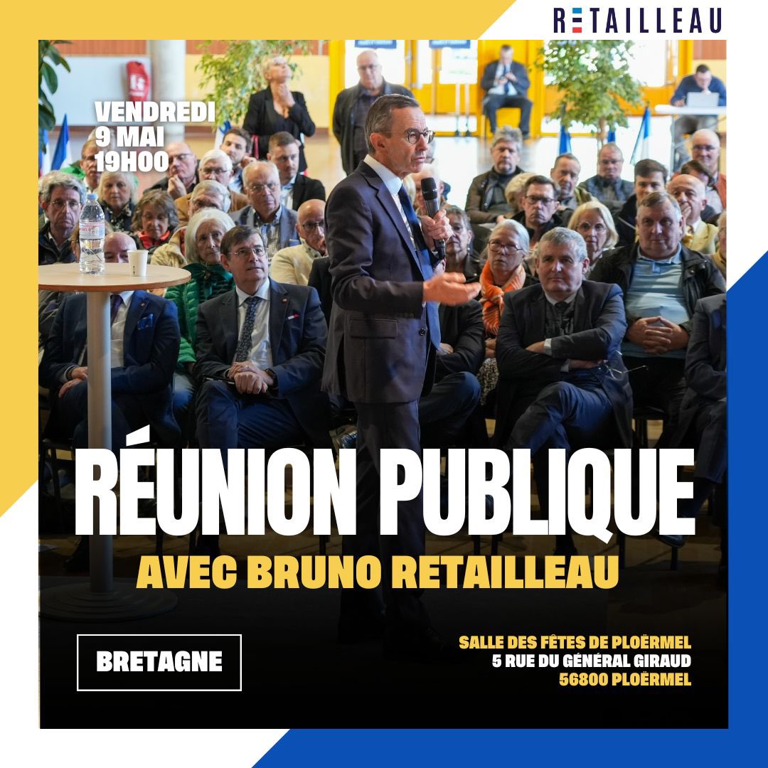 Fillon2017_56's tweet photo. Bruno Retailleau en réunion publique le vendredi 9 mai à 19h à Ploermel ! Salle des fêtes . #morbihan #bretagne #presidenceLR https://t.co/0M5Rsbyo4j