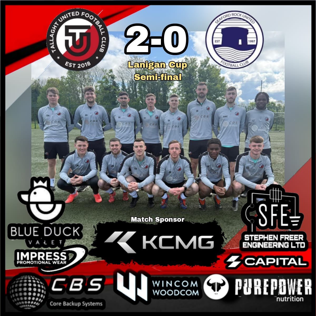 ⚽️Match Result⚽️

Tallaght United 2-0 Seaford Rock FC

The lads advance into the finals of the Lanigan cup against a tough side.

Goal scorers
Brady ⚽️
Eric ⚽️

Cmon Tallaght
#TallaghtUnited