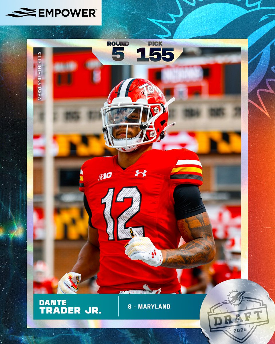 Miami Dolphins (@miamidolphins) on Twitter photo Another Terp 🐢
With the 155th pick in the #NFLDraft, we have selected S <a href="/DizzyDante/">Dante Trader Jr.</a>! Another Terp 🐢
With the 155th pick in the #NFLDraft, we have selected S <a href="/DizzyDante/">Dante Trader Jr.</a>!