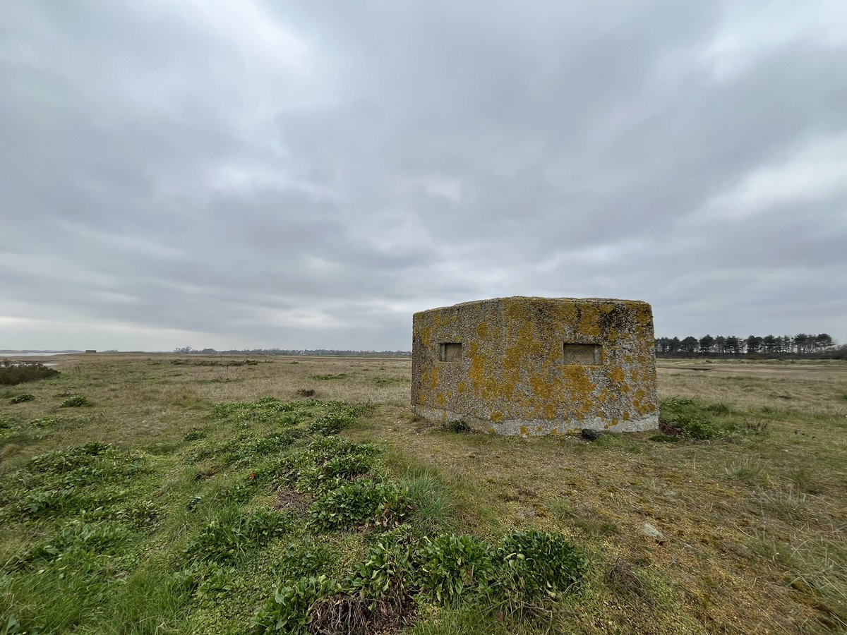 Gort_Line's tweet image. Two pillboxes on Simpsons Marsh, Hollesley, part of a FDL held by C Coy, 1st Liverpool Scottish, 55 Div in 1940. Part of the Orford defences. Classic platoon locality, with the 2 pillboxes forward and 1 supporting . Abandoned 1941 as part of the coastal defences reorganisation.