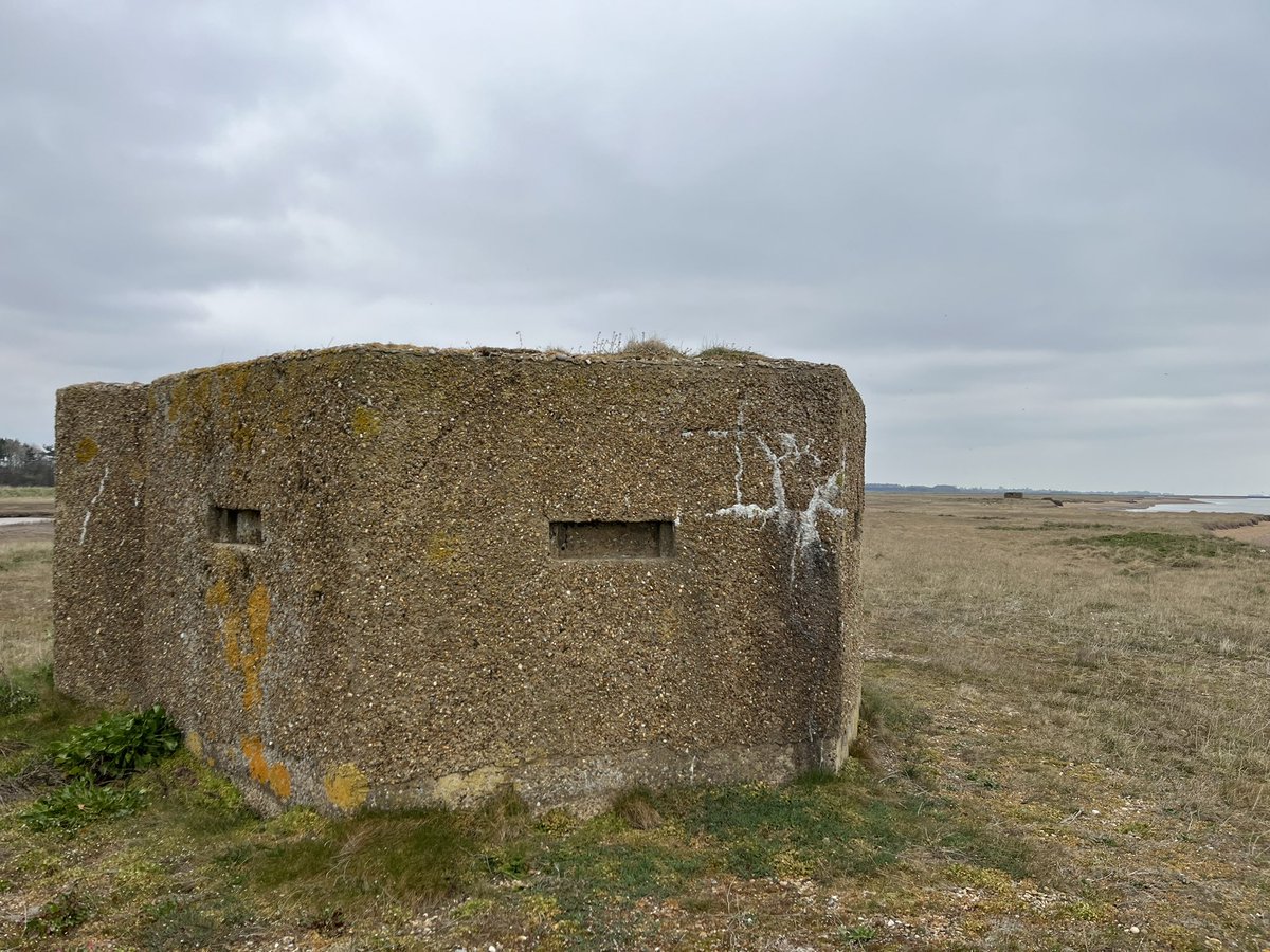 Gort_Line's tweet image. Two pillboxes on Simpsons Marsh, Hollesley, part of a FDL held by C Coy, 1st Liverpool Scottish, 55 Div in 1940. Part of the Orford defences. Classic platoon locality, with the 2 pillboxes forward and 1 supporting . Abandoned 1941 as part of the coastal defences reorganisation.