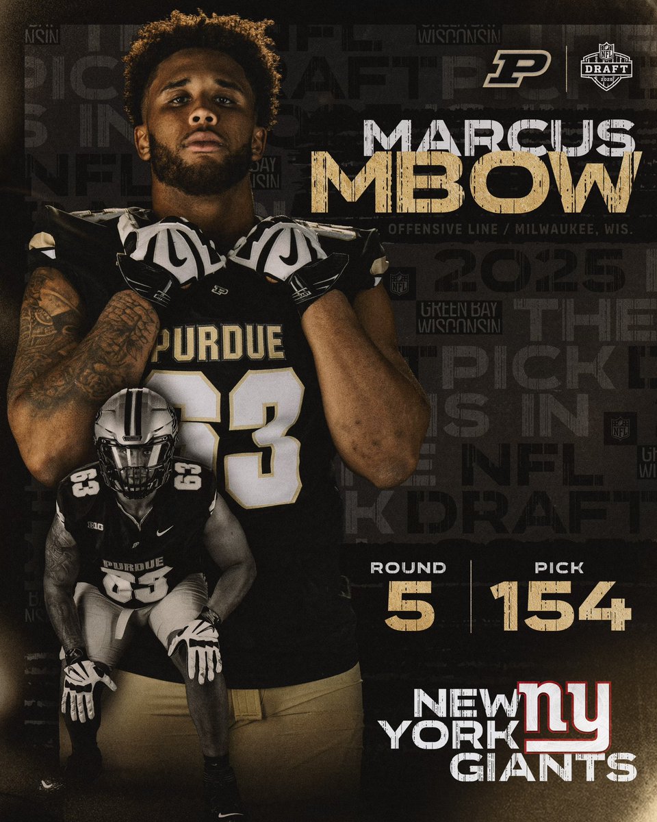 Purdue Football (@boilerfootball) on Twitter photo The <a href="/Giants/">New York Giants</a> know great Boilermakers when they see them.
<a href="/MarcusMbow/">Marcus Mbow</a> is officially a Pro Boiler!
#BoilerUp | #NFLDraft2025 The <a href="/Giants/">New York Giants</a> know great Boilermakers when they see them.
<a href="/MarcusMbow/">Marcus Mbow</a> is officially a Pro Boiler!
#BoilerUp | #NFLDraft2025