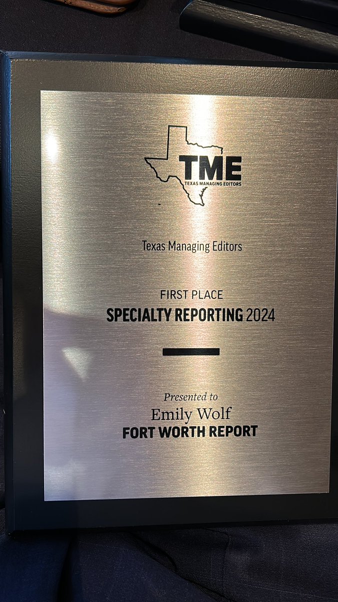 Chris Cobler (@chriscobler) on Twitter photo Congrats to <a href="/_wolfemily/">Emily Wolf</a> for first place in specialty reporting at TME! Go, <a href="/FortWorthReport/">Fort Worth Report</a>! Congrats to <a href="/_wolfemily/">Emily Wolf</a> for first place in specialty reporting at TME! Go, <a href="/FortWorthReport/">Fort Worth Report</a>!