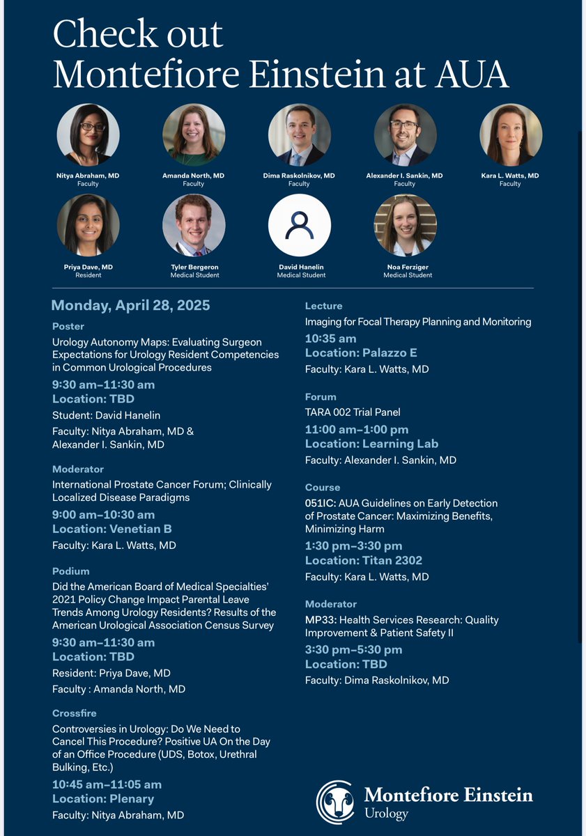 MontefioreUrology (@montefioreuro) on Twitter photo Congrats to Montefiore Einstein Urology’s first speakers at #AUA2025! Hear more from our experts with posters, lectures & panels Monday, April 28. Stay tuned for our final update!
Learn more: auanet.org/AUA2025
#MontefioreEinstein #MontefioreEinsteinUrology <a href="/AmerUrological/">Amer. Urol. Assn.</a> Congrats to Montefiore Einstein Urology’s first speakers at #AUA2025! Hear more from our experts with posters, lectures & panels Monday, April 28. Stay tuned for our final update!
Learn more: auanet.org/AUA2025
#MontefioreEinstein #MontefioreEinsteinUrology <a href="/AmerUrological/">Amer. Urol. Assn.</a>