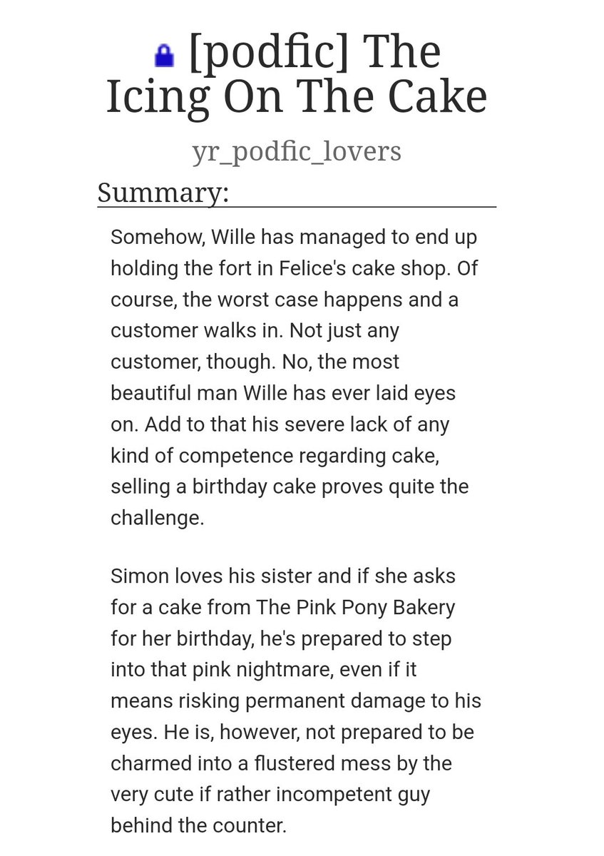 I don't know about you, but I'm in the mood for some cake. 🍰

Thx, gulliblelemon &amp; itsme_hi_imtheproblem for allowing us to record your fic.

The Icing On The Cake

Podfic: archiveofourown.org/works/65043568
Length: 01:31:18
streaming + download

Original work: archiveofourown.org/works/59826079