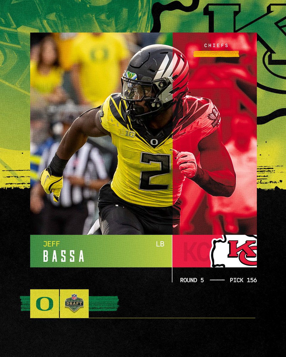 Oregon Football (@oregonfootball) on Twitter photo El Jefe time.
The <a href="/Chiefs/">Kansas City Chiefs</a> have selected <a href="/Bassa_21/">Jeffrey Bassa</a> in the fifth round!
#ProDucks x #NFLDraft El Jefe time.
The <a href="/Chiefs/">Kansas City Chiefs</a> have selected <a href="/Bassa_21/">Jeffrey Bassa</a> in the fifth round!
#ProDucks x #NFLDraft