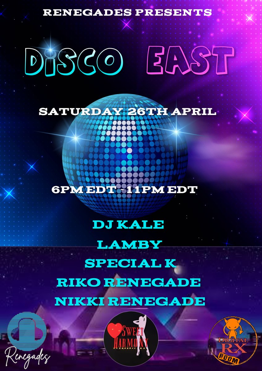 Tonight! Saturday April 26 at 6pm EDT Renegades present DISCO EAST!
Funky and Disco tunes from DJ Kale, DJ Lamby, DJ Special K, DJ Riko Renegade, and DJ Nikki Renegade!
#3dxchat #drxroom