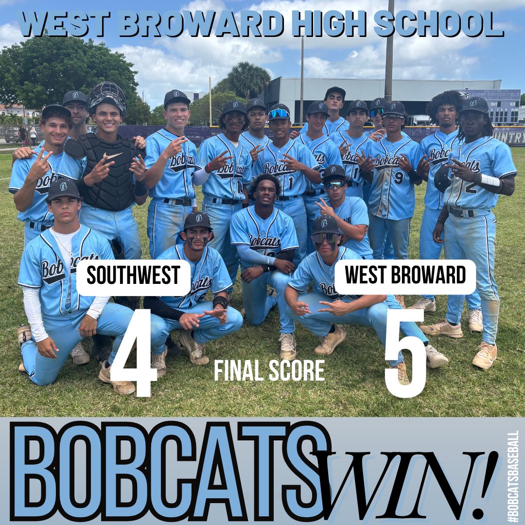 Bobcats take game 3 to advance to the next round. 
Way to battle boys! <a href="/Mr_P_WB/">Mr. P</a> <a href="/WestBrowardHigh/">West Broward High</a>  <a href="/DavidRosenbergg/">David Rosenberg</a>  <a href="/JoeFrisaro/">Joe Frisaro</a> #bobcatsbaseball #spring2025 #playoffs