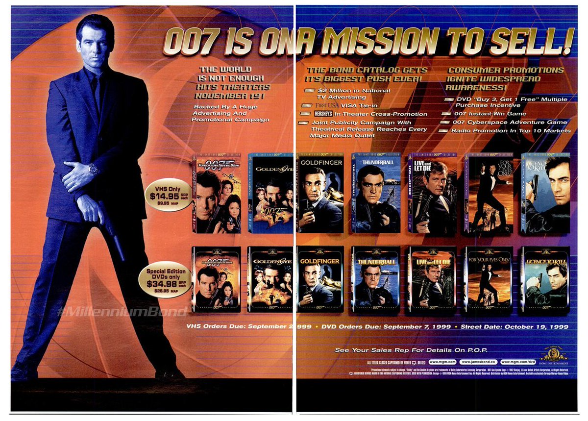 Advertisement promoting the James Bond VHS and Special Edition DVD releases from 1999 in the United States, featuring Pierce Brosnan as 007.
