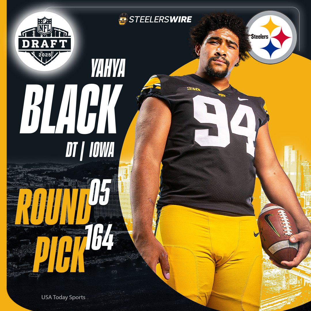 TheSteelersWire's tweet photo. With the 164th pick in the 2025 #NFLDraft, the Pittsburgh #Steelers select: Yahya Black, DL, Iowa. #HereWeGo #SteelersDraft https://t.co/bYso6uqFGZ