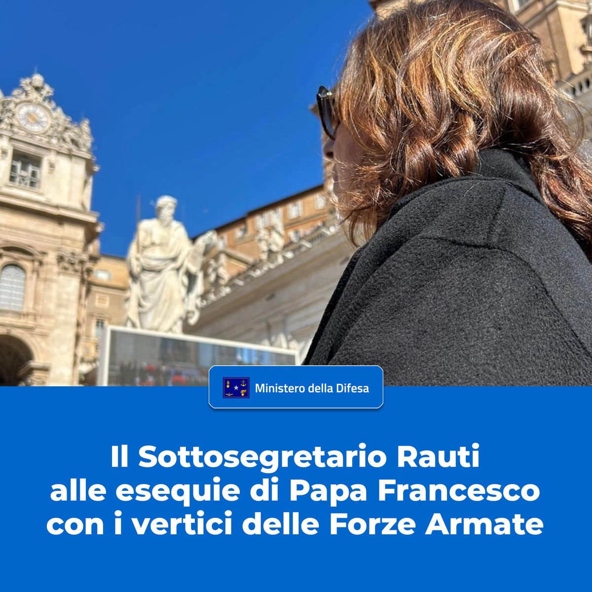 isabellarauti's tweet photo. "Il Sottosegretario Rauti alle esequie di Papa Francesco con i vertici delle Forze Armate"
⬇️
https://t.co/xJYKLVQ3vv
#Roma #esequie #Messa #PiazzaSanPietro #FuneraliPapaFrancesco #PapaFrancesco #Papa #Vaticano #chiesa #SantaSede #Bergoglio #PapaBergoglio #Giubileo
@GuidoCrosetto @MinisteroDifesa @SM_Difesa @Esercito @ItalianAirForce @ItalianNavy @_Carabinieri_
#UnaForzaperilPaese #forzearmate #Alserviziodelpaese #difesa