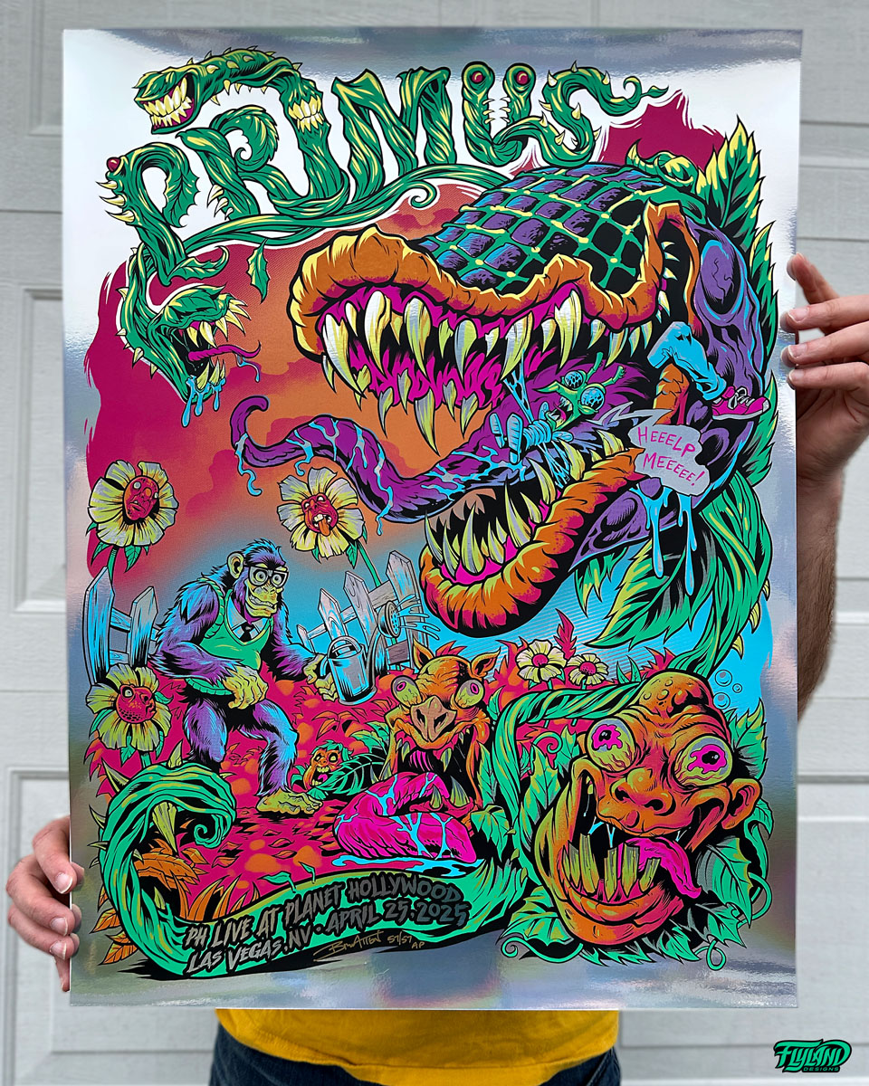 flylanddesigns's tweet image. Here's how the artwork I drew for PRIMUS looks on my Foil APs.
18x24 Silk Screen on Rainbow Foil
Signed and numbered.
If you'd like one:
flylanddesigns.com/produ.../artwo…
#primus @primus #artprint #bandmerch #gigposter #silkscreen