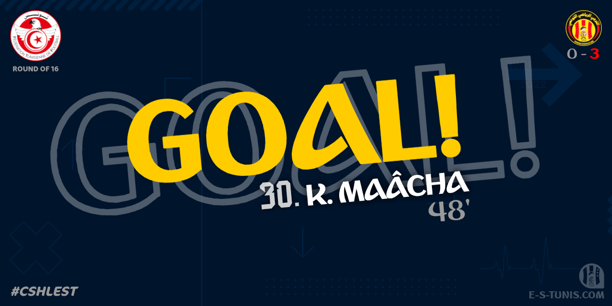 ESTuniscom's tweet photo. ⏱ 50' | #TunisiaCup🇹🇳 Round of 16 #CSHLEST | #CSHammamLif 0⃣-3⃣ @ESTuniscom : ⚽️ K. Maâcha (EST) scores! / هدف / But https://t.co/fqIfEF2bGG
