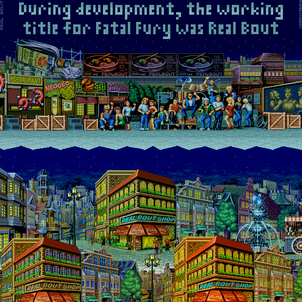 playablemuseum's tweet photo. Fatal Fury: King of Fighters was originally going to be called Real Bout.

You can see the name in a couple of the stages of the first Fatal Fury game.

#FatalFury #CityoftheWolves #COTW #Garou #Garou2 #SNK #NeoGeo #MVS #AES #GarouDensetsu #RealBout #RealBoutFatalFury #RBFF https://t.co/AJ7Nvdv4ht