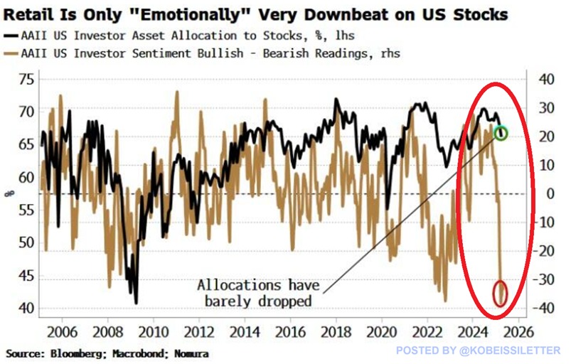 This is interesting:

The bull-bear spread in the AAII survey has dropped to -34 points, near the lowest since the 2022 bear market low.

This marks a 50+ point decline over the last few weeks.

In the recent survey, 55.6% of respondents were bearish over the next 6 months, with
