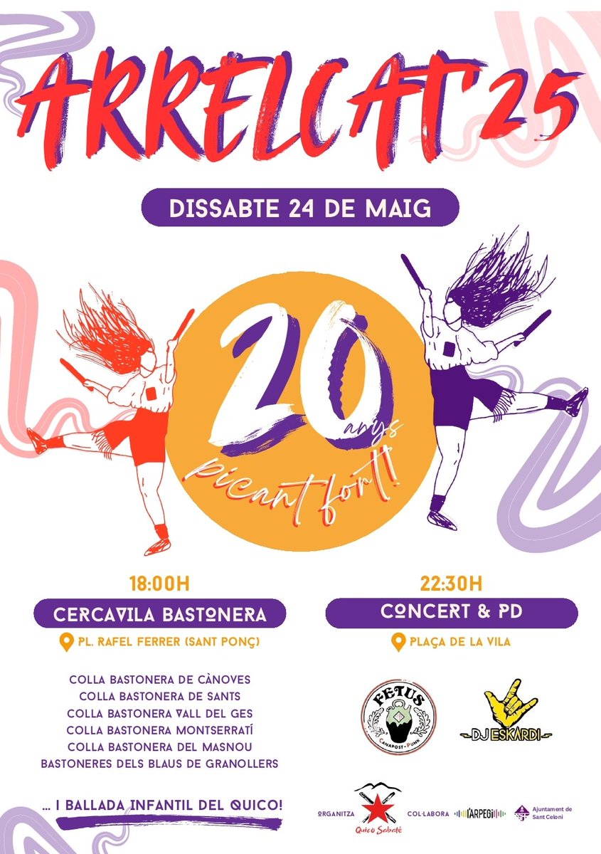 Aquest any en fem 20!! 🎊🎉
I estem molt contentes de celebrar-ho amb totes vosaltres!

Per això hem estem preparant una gran diada de l'#ArrelCat:
- cercavila bastonera amb colles d'arreu del País 
- concert amb <a href="/SomFetus/">Fetus</a> i <a href="/DjEskardi22897/">DJ ESKARDI</a>

i vàries sorpreses més!
Us hi esperem!