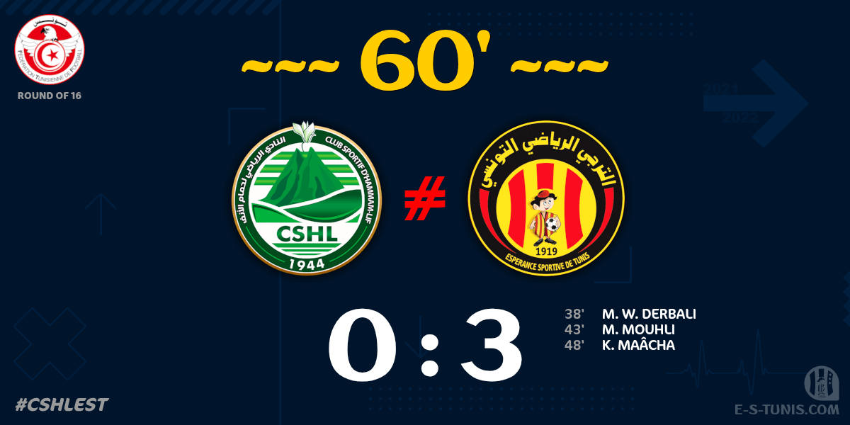 ESTuniscom's tweet photo. ⏱ 60' | #TunisiaCup🇹🇳 Round of 16 #CSHLEST | #CSHammamLif 0⃣-3⃣ @ESTuniscom : Score reminder / تذكير بالنتيجة / Rappel du score https://t.co/ByaYZ9AAv2