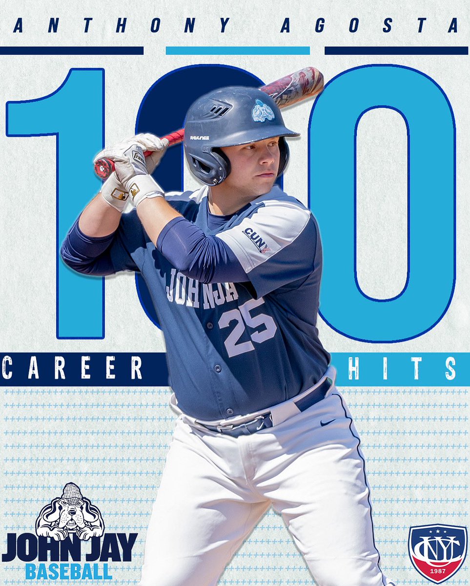 JJayAthletics's tweet photo. 🚨 MILESTONE ALERT 🚨 In addition to driving in a career-high 7 RBIs and adding another in game two at Lehman while also appearing in relief, senior infielder Anthony Agosta reached the 100 career hit milestone!!

Congrats, Anthony! 

#GoBloodhounds | #cunyac | #d3baseball https://t.co/vrEsNgq96E