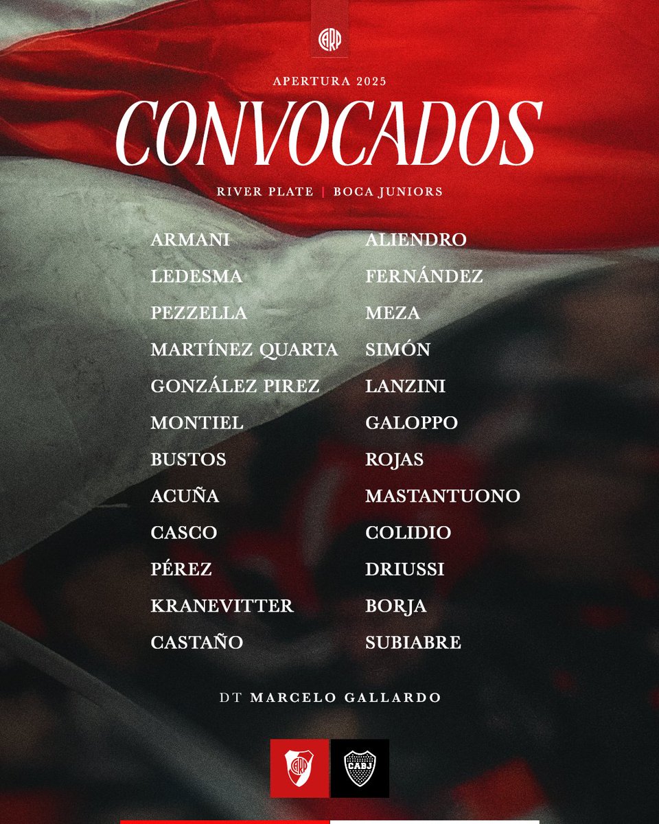 📝 Los convocados por Marcelo Gallardo para el Superclásico en casa. 💪⚽

¡𝐕𝐀𝐌𝐎𝐒 𝐌𝐈𝐋𝐋𝐎𝐍𝐀𝐑𝐈𝐎! 🤍❤️🤍