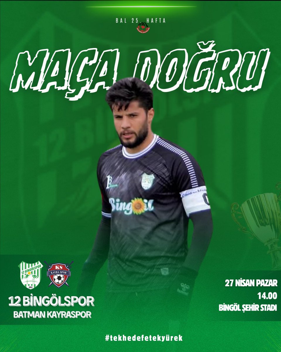 Kenetlen Bingöl; Şampiyonluk 
için Son 90 Dakika
⏳🏆 

Bingölspor’umuz, şampiyonluk kaderini belirleyecek, sezonun en önemli maçına çıkıyor. 

Buradan çıkacak galibiyet hem yeşil beyazlı sevdamızı 3. Lige taşıyacak hem de Bingöl’ümüzü spor şehri yapma yolunda önemli bir adım