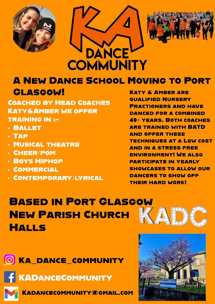_Traffic_Light_'s tweet photo. NEW DANCE SCHOOL COMING TO PORT GLASGOW. 

📍Based in New Parish Church halls in the port town on a Saturday 

Contact us by Email, or send us a message on Facebook or Instagram  for more details🧡🖤 https://t.co/1I8wZqOfe1