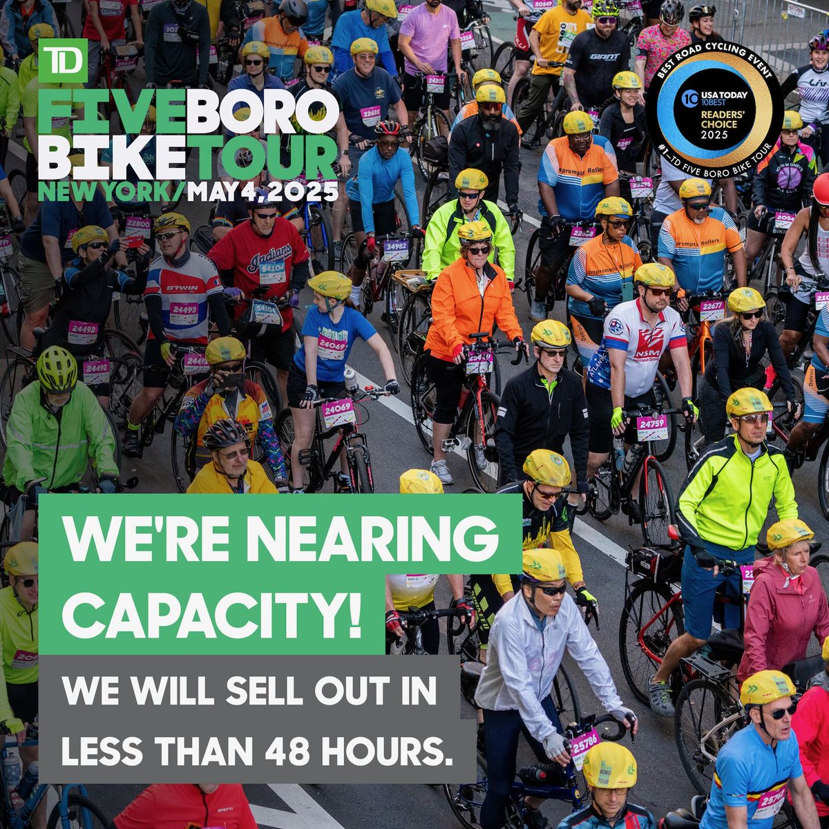 Thousands of enthusiastic riders have already claimed their spots in this year's TD Five Boro Bike Tour, and we’re down to just a few remaining spaces! Act fast—these coveted spots will be gone in the next 48 hours. Register today: bikenewyork.info/4lq0ldc